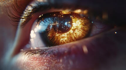 Crystal-clear close-up of a human eye, augmented with holographic digital elements and a futuristic interface, ultra-sharp focus and high detail