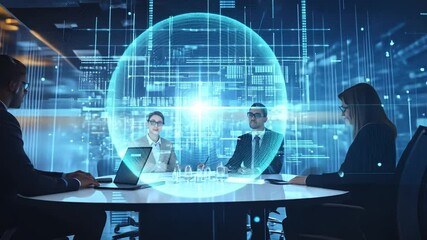 Global Network Collaboration: Business professionals convene around a holographic table, immersed in a futuristic digital sphere representing global connectivity and data flow.