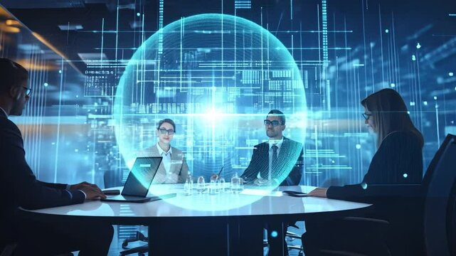 Global Network Collaboration: Business professionals convene around a holographic table, immersed in a futuristic digital sphere representing global connectivity and data flow.