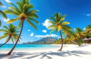 Paradise beach resort on Mauritius island. Palm trees stand tall on white sand beach near turquoise water lagoon. Sunny sky with clouds. Calm, relaxing atmosphere at beautiful tropical place. People