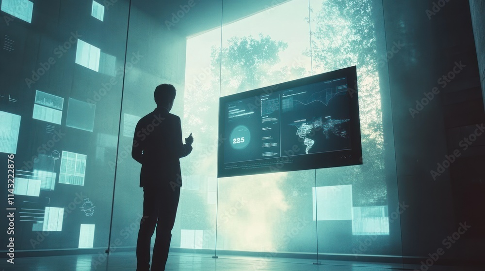 Poster a silhouette of a person interacting with a digital display in a modern, tech-focused environment.