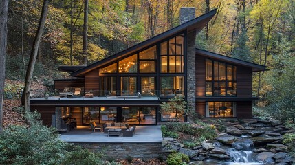 Obraz premium Modern wood house in autumn forest with stream.