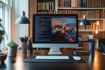 Photographie de qualité d'un bureau de travail minimaliste à domicile avec un design épuré et une ambiance productive