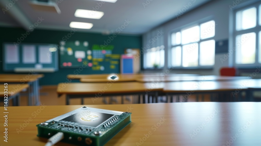 Poster a futuristic microchip levitating over a circuit board, set in an empty classroom with blurred desks