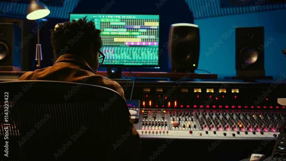 Poster african american audio engineer using sound mixing console for managing tracks, music post productio