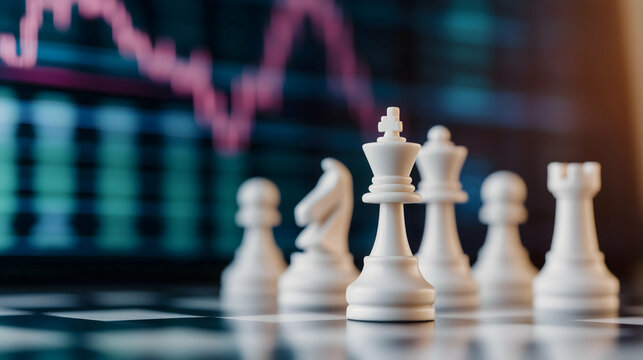 A close-up of white chess pieces on a board, with a blurred background depicting stock market data, symbolizing strategy and finance.