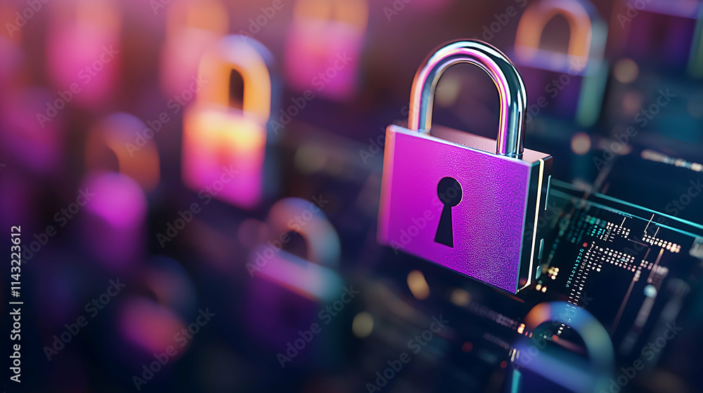 Poster a collection of digital locks on a glowing surface, symbolizing cybersecurity and data protection in