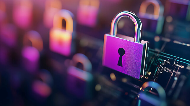A collection of digital locks on a glowing surface, symbolizing cybersecurity and data protection in a vibrant, futuristic design.