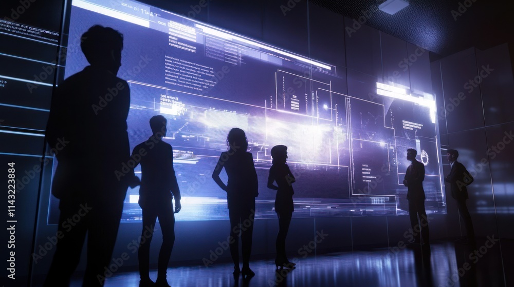 Poster silhouettes of individuals observing a futuristic data display in a darkened environment.