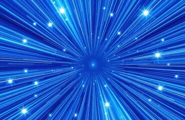 Abstract blue starburst background. Radiant light rays radiate from central point. Glittering light effect. Many small white stars burst around. Design for festive occasion cosmic theme. Digital