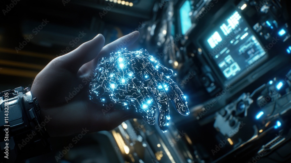 Poster a futuristic hand made of glowing circuitry, showcasing advanced technology and robotics.