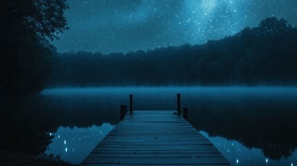 A serene night scene featuring a dock over a misty lake under a starry sky.