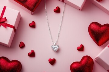 Valentine's Day jewelry product photography, a silver necklace with a heart-shaped diamond pendant surrounded by gift boxes and red hearts on a pink background.
