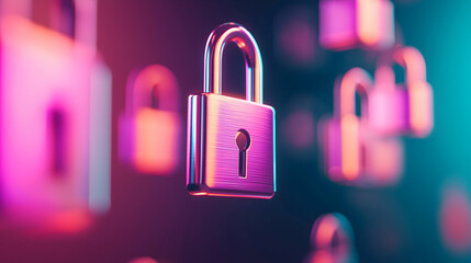 A collection of glowing padlocks suspended in vibrant colors, symbolizing security and protection in a digital landscape.