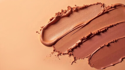 eyeshadow or other cosmetic products on a beige background in the color 2025 Mocha Mousse, copy space