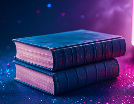 Magical Hardcover Books with Glowing Edges and Cosmic Background