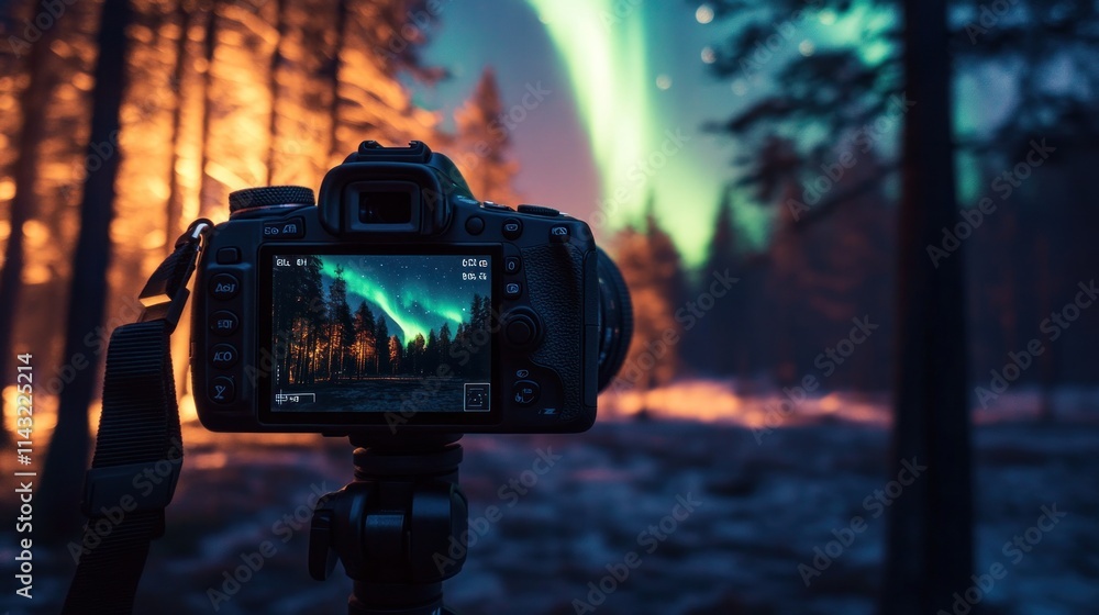 Aufkleber a camera on a tripod captures the aurora borealis in a serene forest setting.