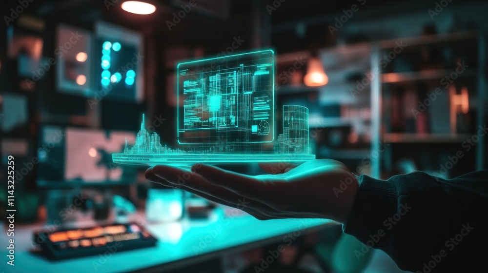 Poster a hand holds a holographic display of a futuristic cityscape and data interface.