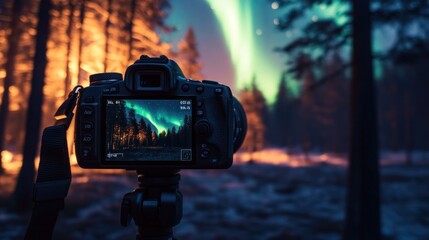 A camera on a tripod captures the aurora borealis in a serene forest setting.