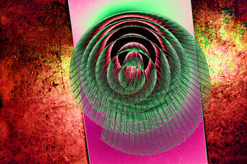 Abstract spiral structure with green, red and pink tones, dynamic composition, vibrant textures, modern design, colorful geometric futuristic pattern, creative inspiration, and visual art.

