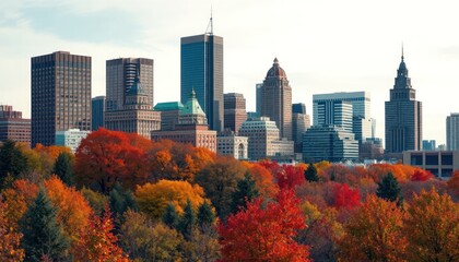 Philadelphia skyline boasts autumn colors. High-rise buildings stand tall against backdrop of vibrant fall foliage. City park trees display brilliant autumn colors. Scenic view of city landscape.