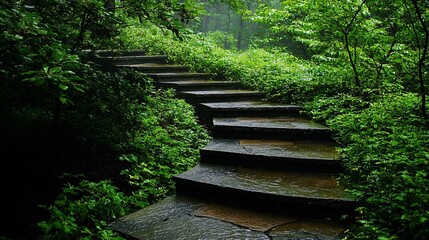 Stone steps winding through a lush, rain-soaked forest.