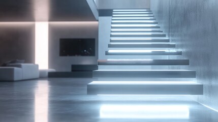 Obraz premium Modern staircase illuminated with soft lighting in a sleek interior space.