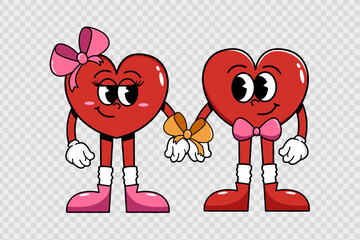 Obraz premium Retro characters of hearts in a groovy style, couple in love hands tied with a bow. Love cute and psychedelic mascots with face, hands, legs. Happy Valentine's Day.