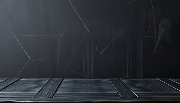 Dark vintage wooden tabletop stands before dark textured backdrop. Blank space for placing products food. Suitable for back to school, educational, kitchen product displays. Vintage style for black - Powered by Adobe