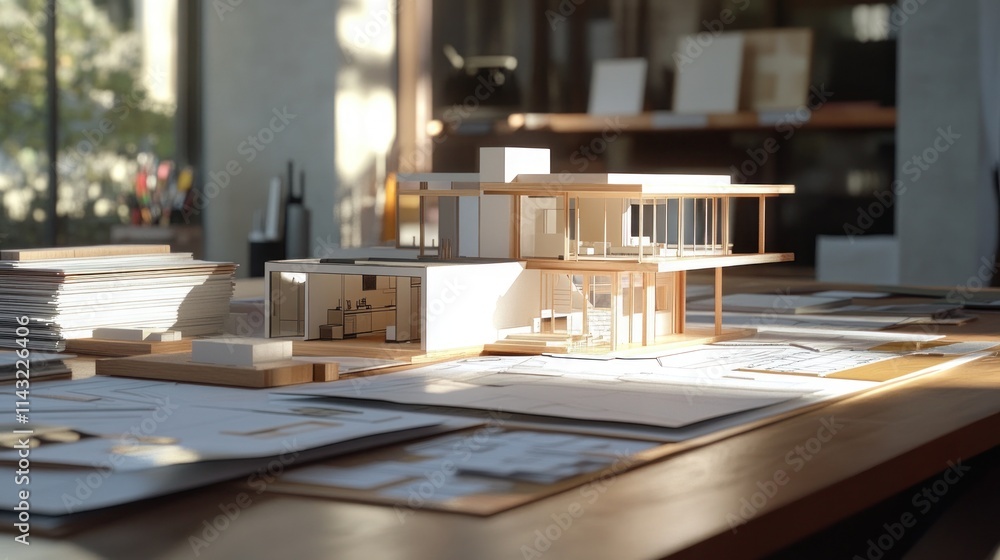 Poster a detailed architectural model displayed on a table surrounded by design materials.