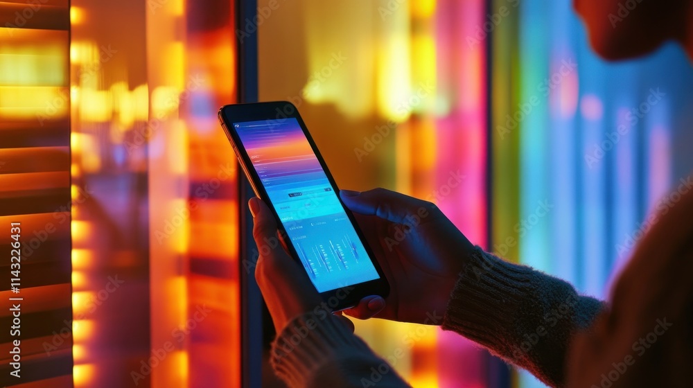 Poster a person holds a smartphone displaying colorful graphics against a vibrant backdrop.