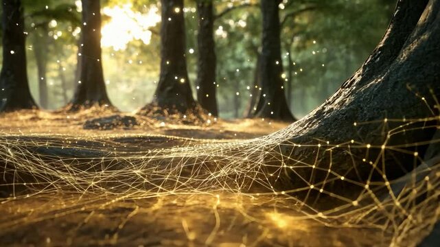 Golden Forest Network: A mystical and ethereal forest scene, with glowing lines resembling a network, woven through the roots of ancient trees, bathed in the soft glow of dawn.