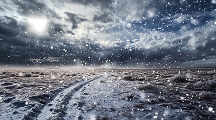 Snowy landscape with a tire track road under a dramatic sky