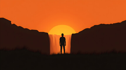 Fototapeta premium A silhouette of a person standing by a waterfall, gazing at the flowing water. Person by waterfall vector.