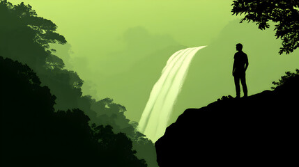 A silhouette of a person standing by a waterfall, gazing at the flowing water. Person by waterfall vector.