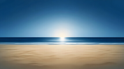 A flat design of a quiet beach at dawn, with soft light illuminating the sand. Dawn beach minimalist vector.