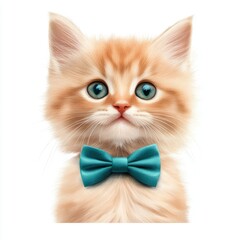 A cute orange kitten with striking blue eyes, wearing a turquoise bow tie, exudes charm and playfulness. Isolated on a white background.