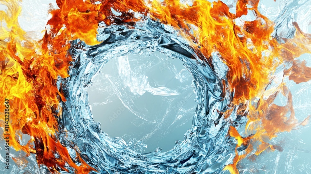 Poster a dynamic visual of fire and water merging in a circular formation.