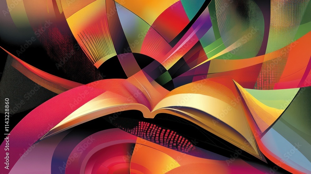 Poster abstract art depicting an open book with vibrant colors and dynamic shapes.