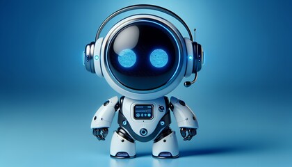 Sleek AI robot with a headset, offering tech support against a blue backdrop, showcasing minimalist design.