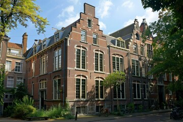 Obraz premium Row of narrow brick buildings with stepped gables and large windows enjoy the summer sun in amsterdam, netherlands