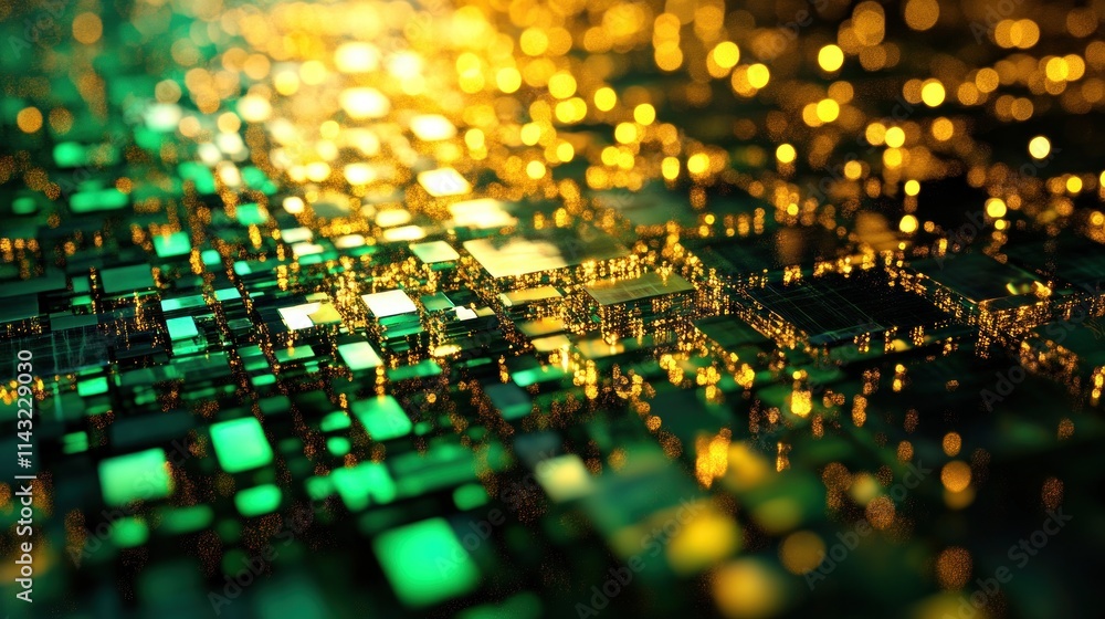 Poster abstract representation of digital circuits with glowing elements in green and gold hues.