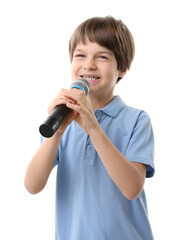 Smiling boy with microphone on white background