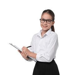 Girl with glasses and clipboard pretending to be accountant on white background. Dreaming of future profession