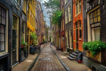 Obraz premium Brick sidewalk leading down narrow street with colorful buildings in amsterdam, netherlands
