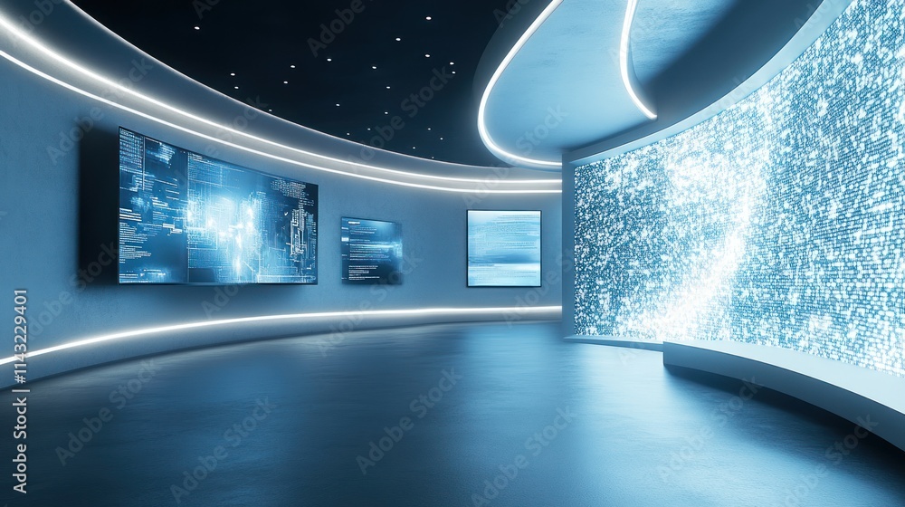 Aufkleber a modern, tech-inspired room with screens displaying digital data and a luminous wall.