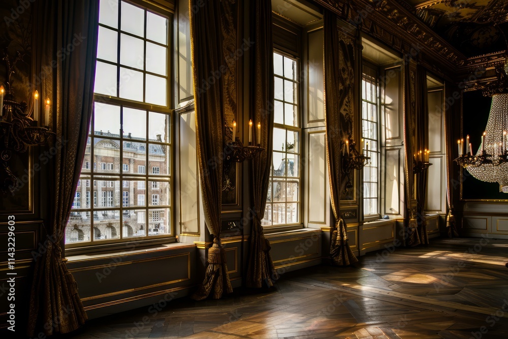 Poster sunlight shining through the windows of an empty ballroom with a view on a historic building