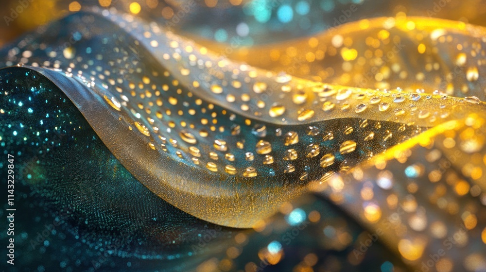 Aufkleber close-up of shimmering fabric with droplets, creating a vibrant and textured visual effect.