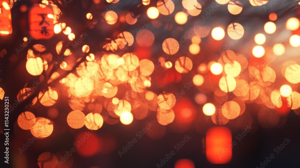 Poster illuminated tree branches with bokeh lights and lanterns at night.