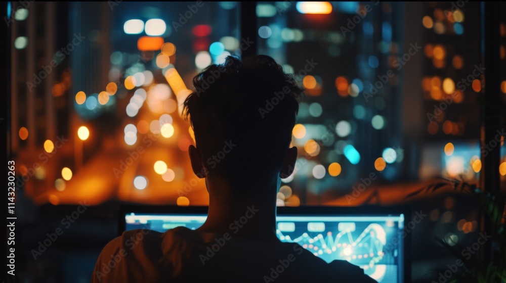 Poster a man sits in front of computer screens displaying data charts, silhouetted against a vibrant night 